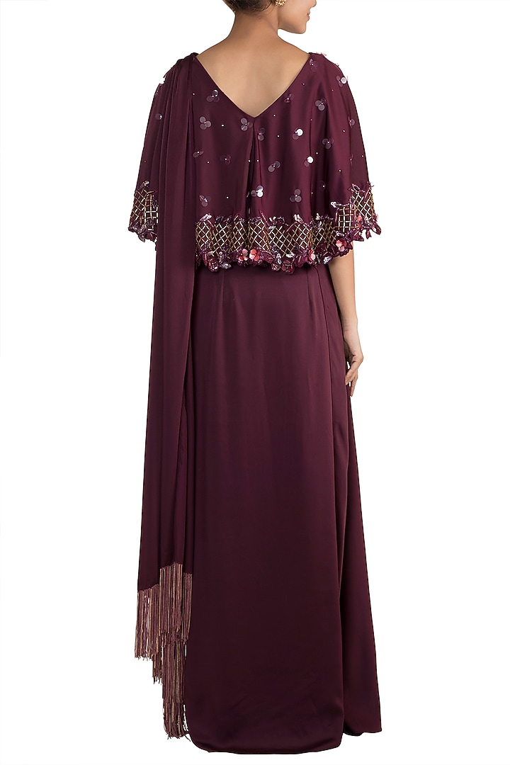 Wine Embellished Pre-Draped Party Wear Saree Gown by Mehak Murpana at Pernia's Pop Up Shop