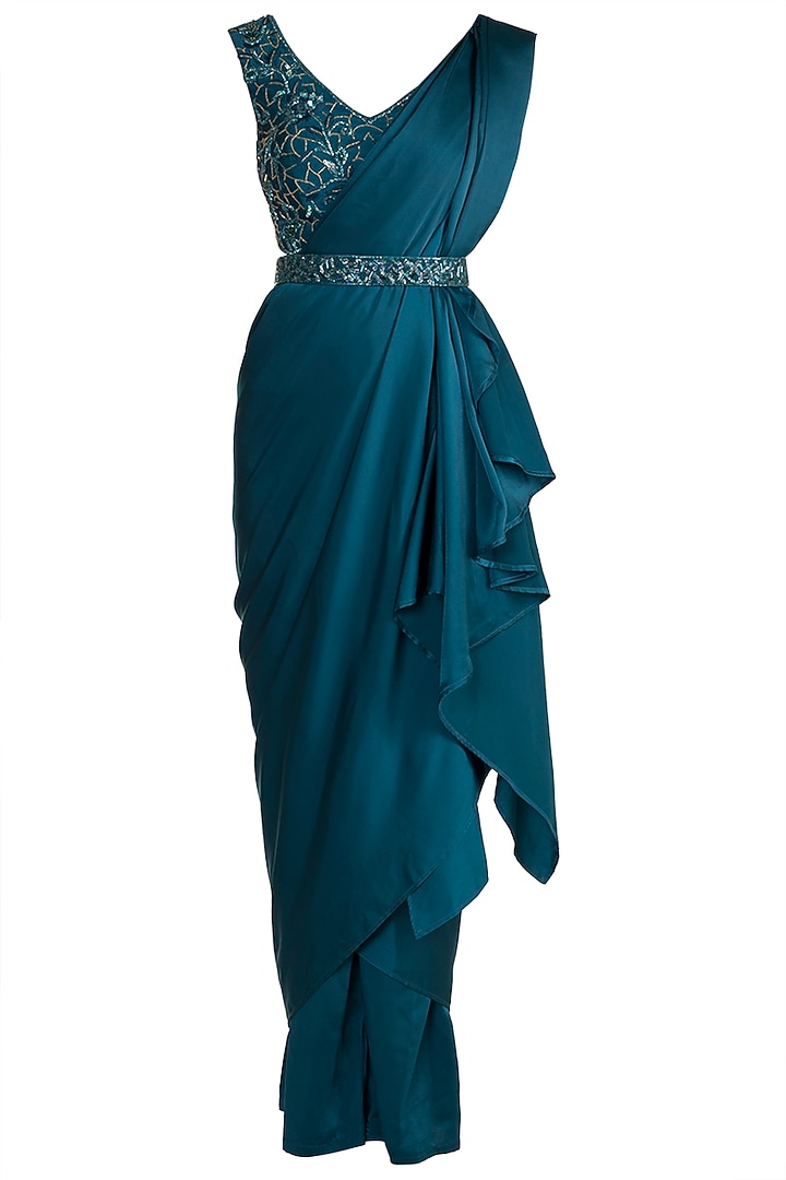 Cobalt Blue Milano Satin Pant Wedding Saree Set by Mehak Murpana at Pernia's Pop Up Shop