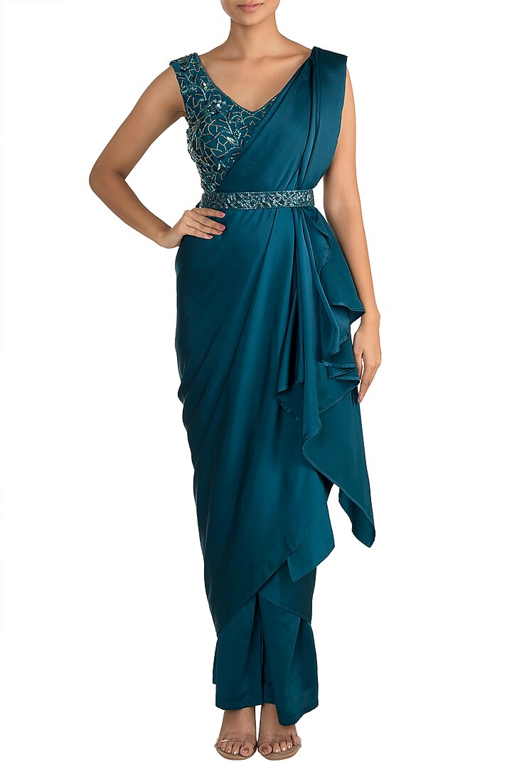 Cobalt Blue Milano Satin Pant Wedding Saree Set by Mehak Murpana at Pernia's Pop Up Shop