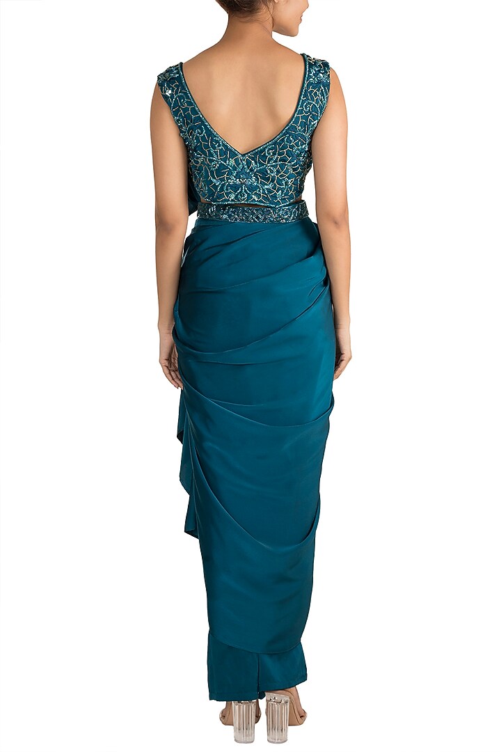 Cobalt Blue Milano Satin Pant Wedding Saree Set by Mehak Murpana at Pernia's Pop Up Shop