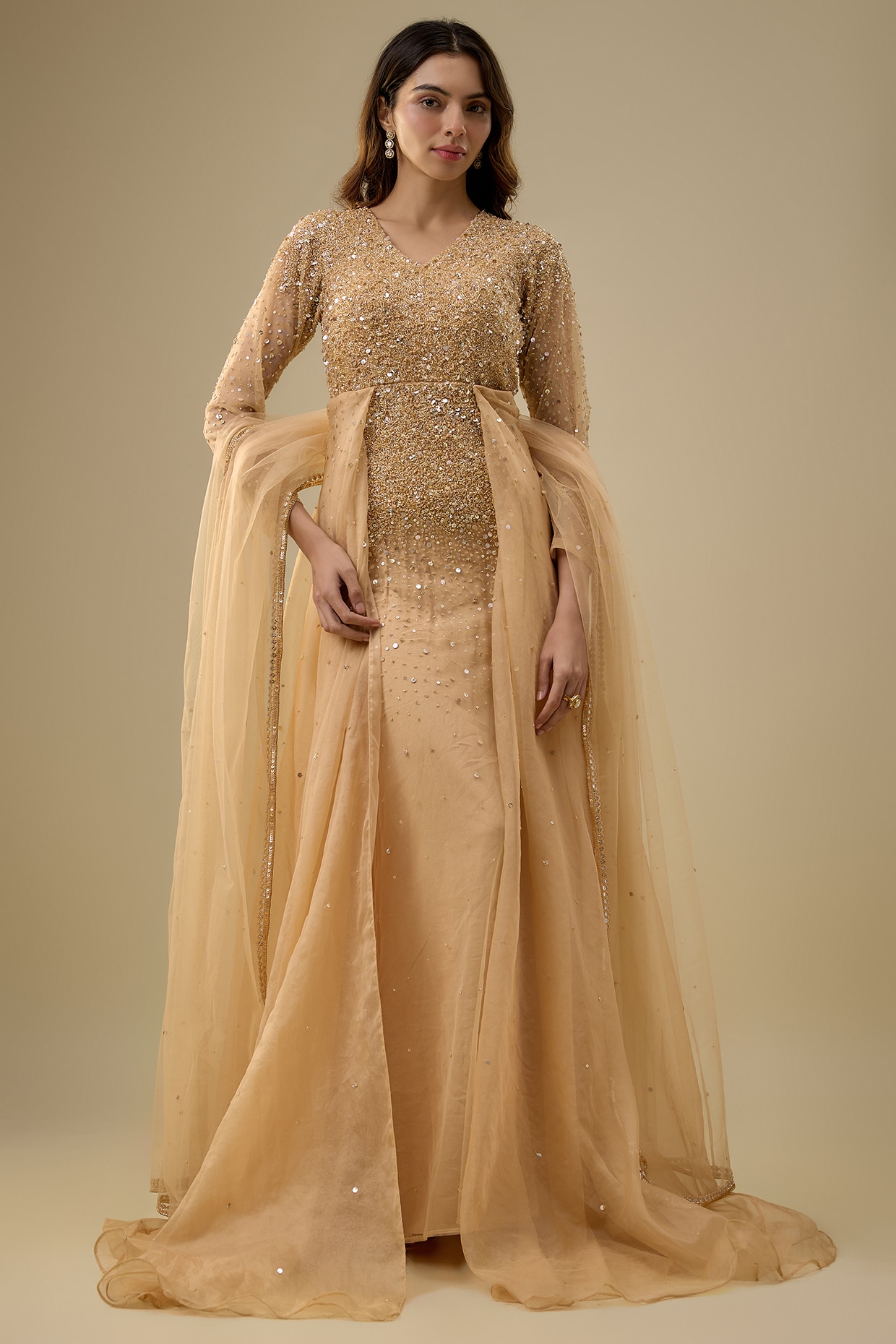 Mehak Murpana Gold Net & Organza Sequins Embroidered Gown With Trail
