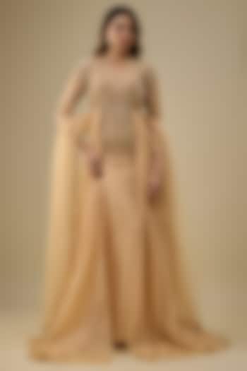 Gold Net & Organza Sequins Embroidered Wedding Gown With Trail by Mehak Murpana at Pernia's Pop Up Shop