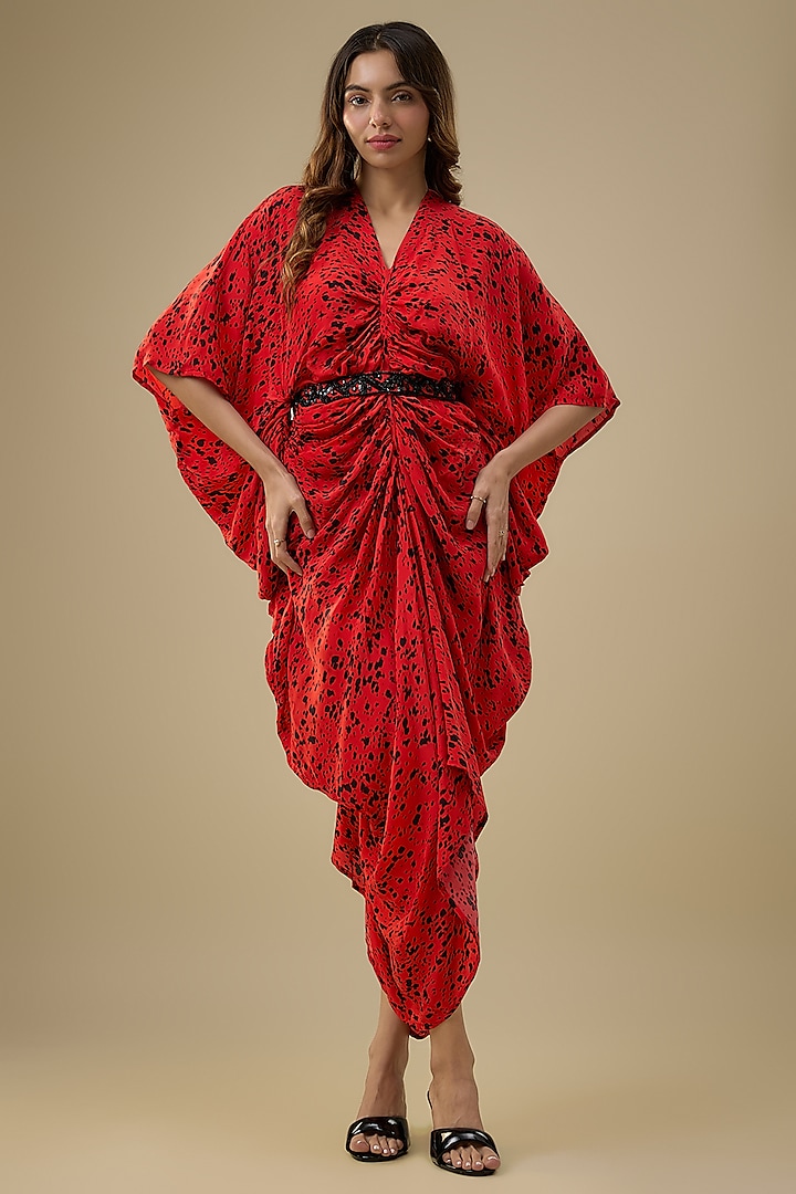 Orange Crepe Printed Draped Vacation Dress by Mehak Murpana at Pernia's Pop Up Shop