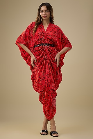 Orange Crepe Printed Draped Dress by Mehak Murpana