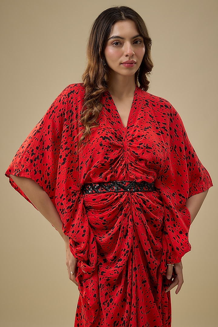 Orange Crepe Printed Draped Vacation Dress by Mehak Murpana at Pernia's Pop Up Shop