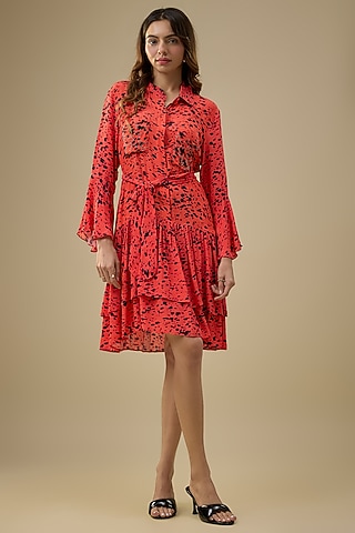 Orange Crepe Printed & Ruffled Shirt Dress by Mehak Murpana