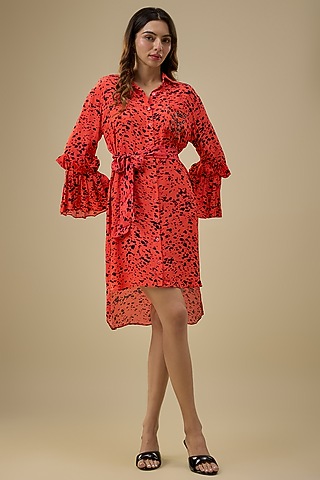 Orange Crepe Printed Mini Shirt Dress by Mehak Murpana