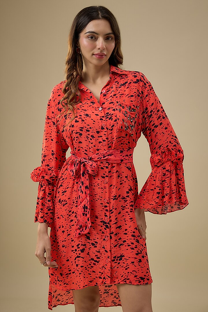 Orange Crepe Printed Mini Summer Shirt Dress by Mehak Murpana at Pernia's Pop Up Shop