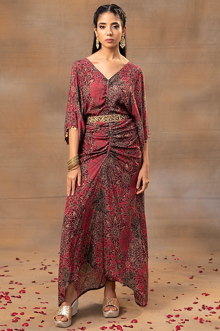Pink Crepe Floral Printed Draped Dress by Mehak Murpana at Pernia's Pop Up Shop