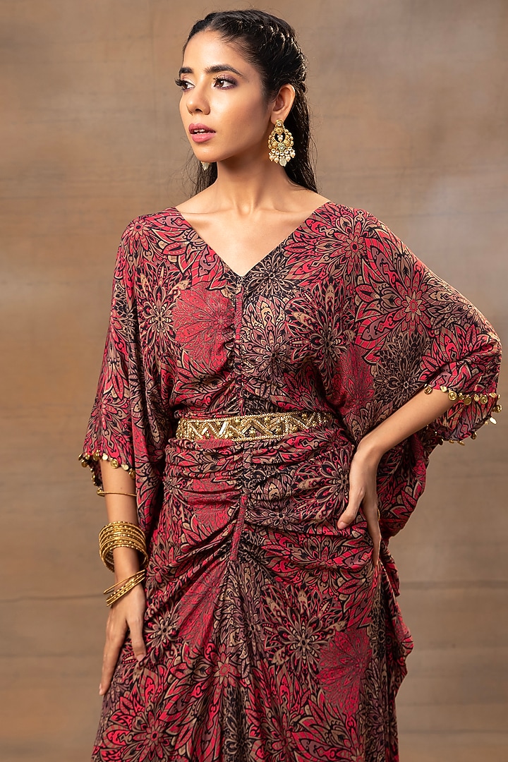 Pink Crepe Floral Printed Draped Vacation Dress by Mehak Murpana at Pernia's Pop Up Shop
