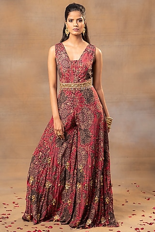 Pink Crepe Floral Printed Jumpsuit by Mehak Murpana