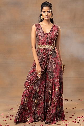 Pink Crepe Floral Printed Jumpsuit by Mehak Murpana