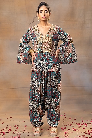 Green Crepe Printed Dhoti Set by Mehak Murpana