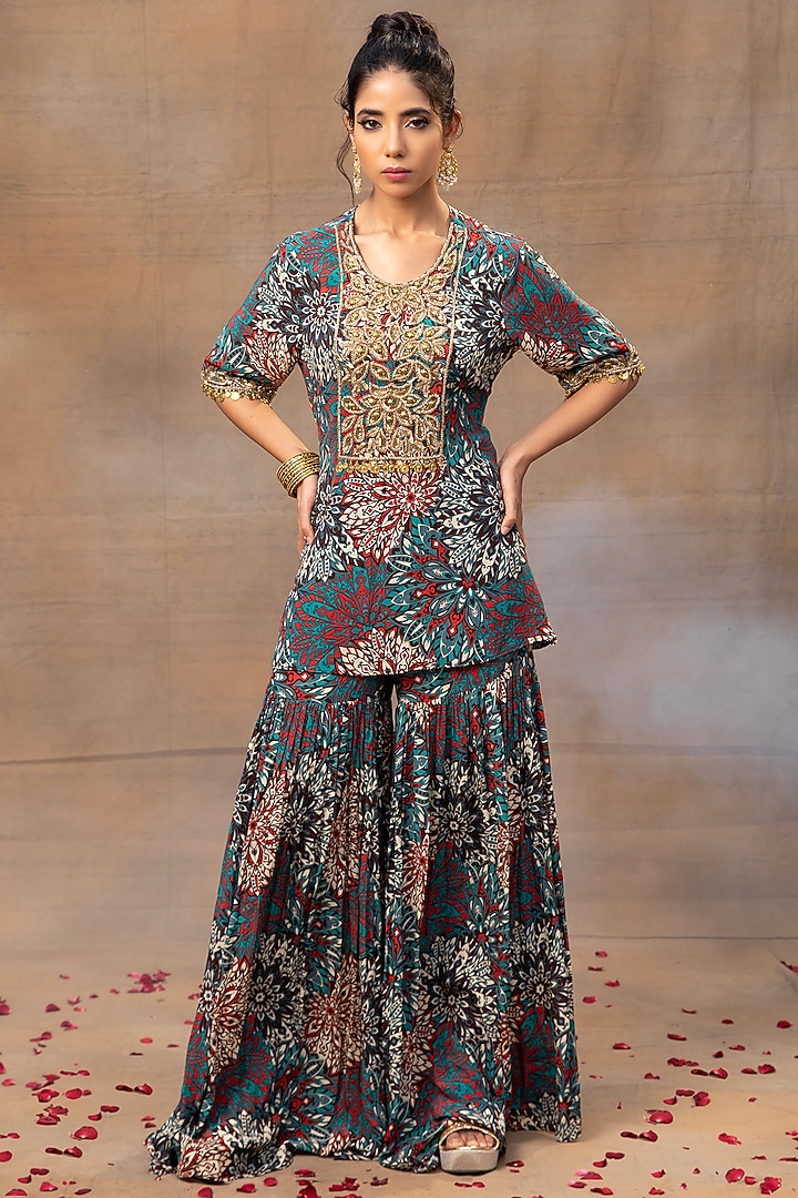 Green Crepe Floral Printed Party Wear Sharara Set by Mehak Murpana at Pernia's Pop Up Shop