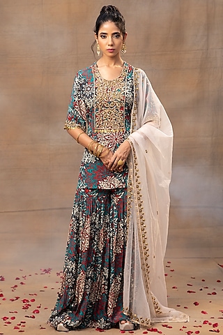 Green Crepe Floral Printed Sharara Set by Mehak Murpana