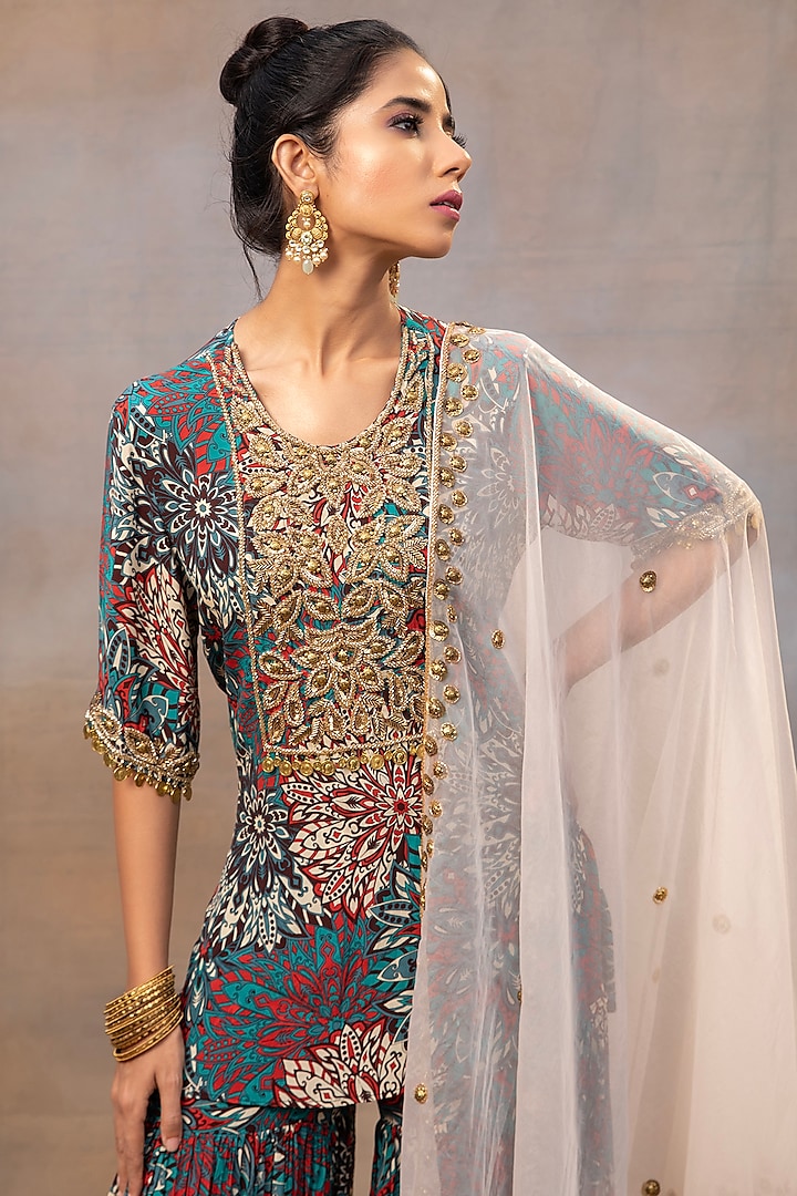 Green Crepe Floral Printed Wedding Sharara Set by Mehak Murpana at Pernia's Pop Up Shop