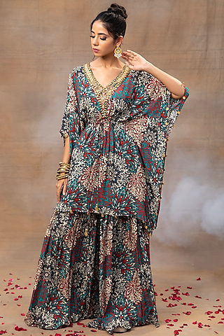 Green Crepe Floral Printed Sharara Set by Mehak Murpana