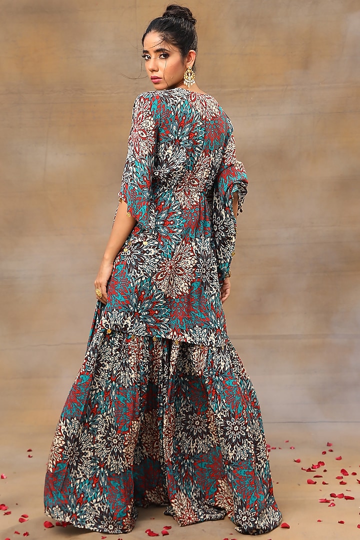 Green Crepe Floral Printed Party Wear Sharara Set by Mehak Murpana at Pernia's Pop Up Shop