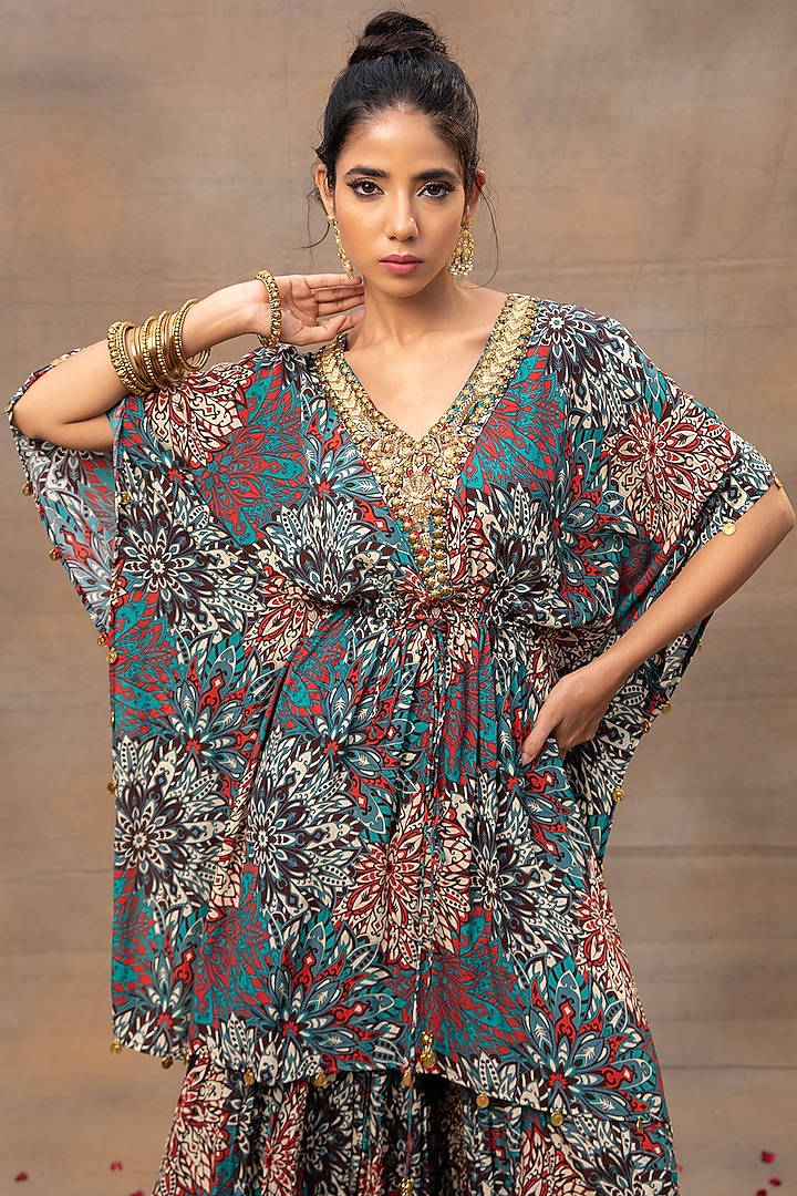 Green Crepe Floral Printed Party Wear Sharara Set by Mehak Murpana at Pernia's Pop Up Shop