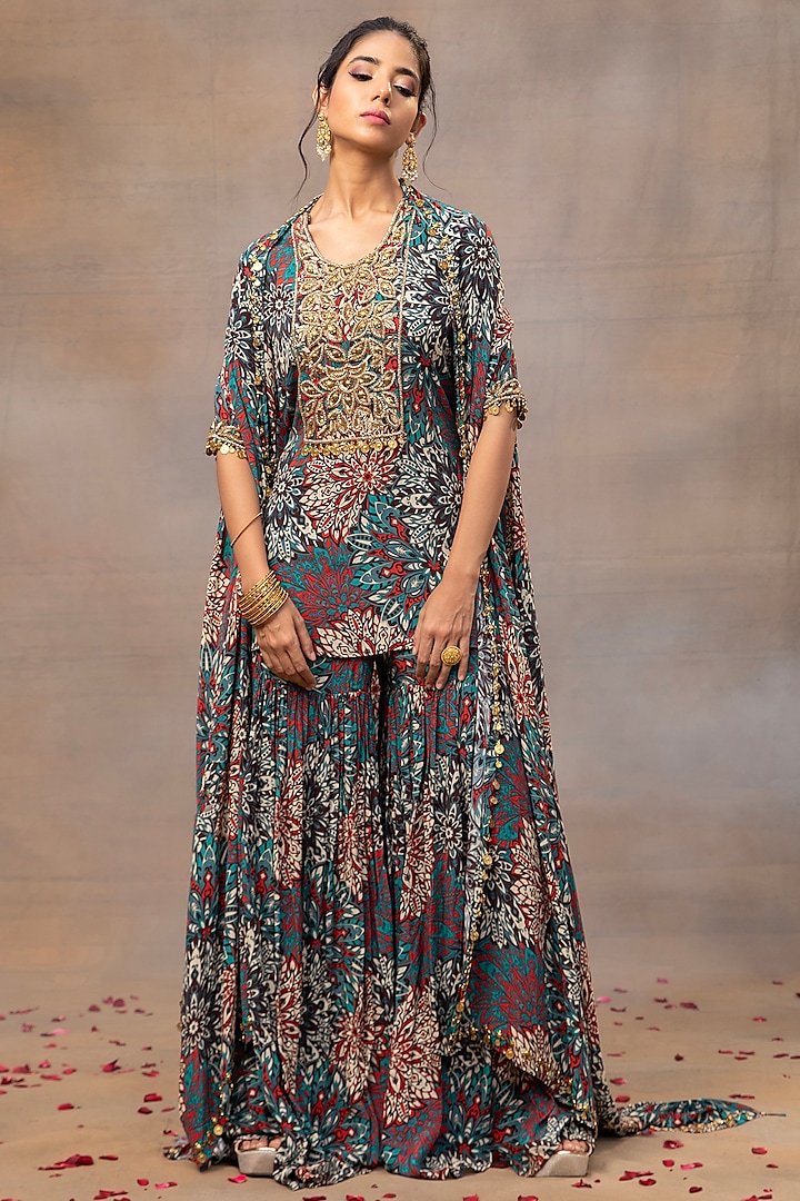 Green Crepe Printed Wedding Sharara Set by Mehak Murpana at Pernia's Pop Up Shop