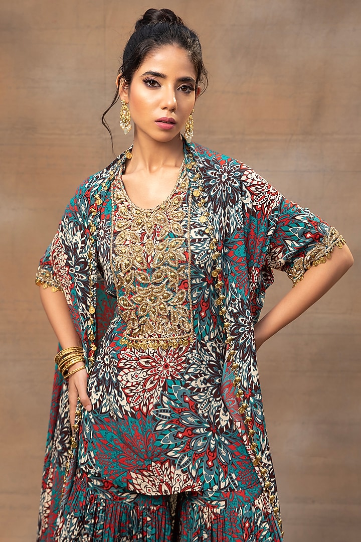 Green Crepe Printed Wedding Sharara Set by Mehak Murpana at Pernia's Pop Up Shop