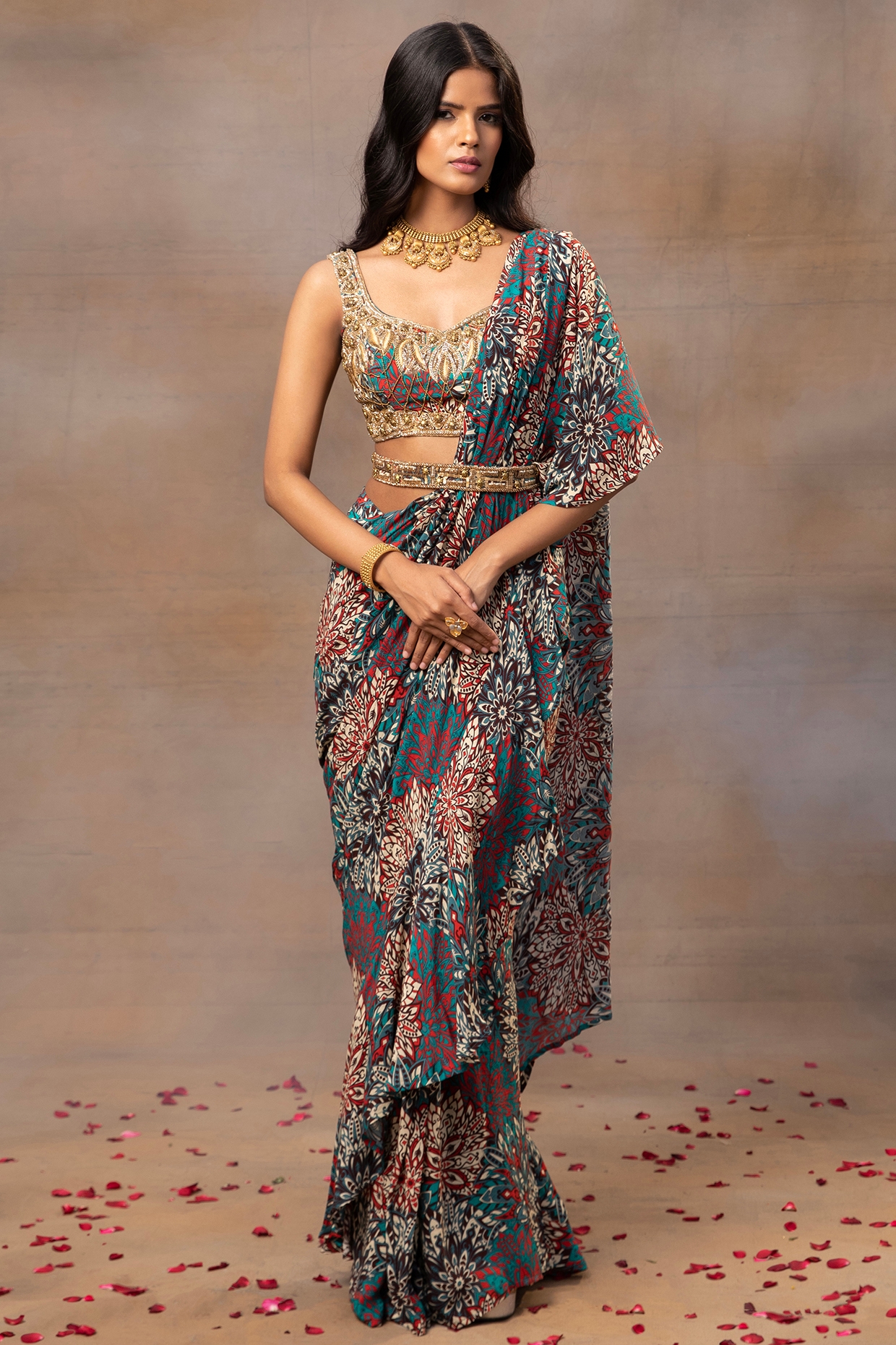 Ruffle Saree With Overall Print Blouse – J.B.FASHION