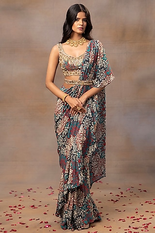 Green Crepe Printed Ruffled Saree Set by Mehak Murpana