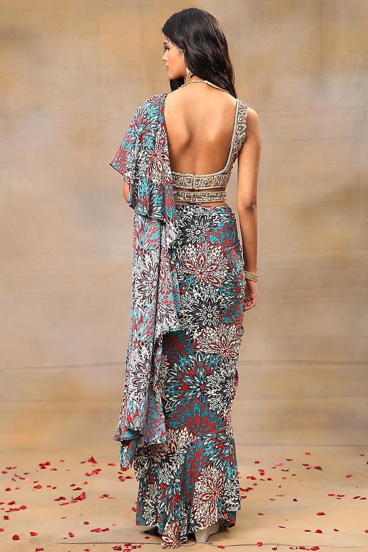 Green Crepe Printed Ruffled Wedding Saree Set by Mehak Murpana at Pernia's Pop Up Shop