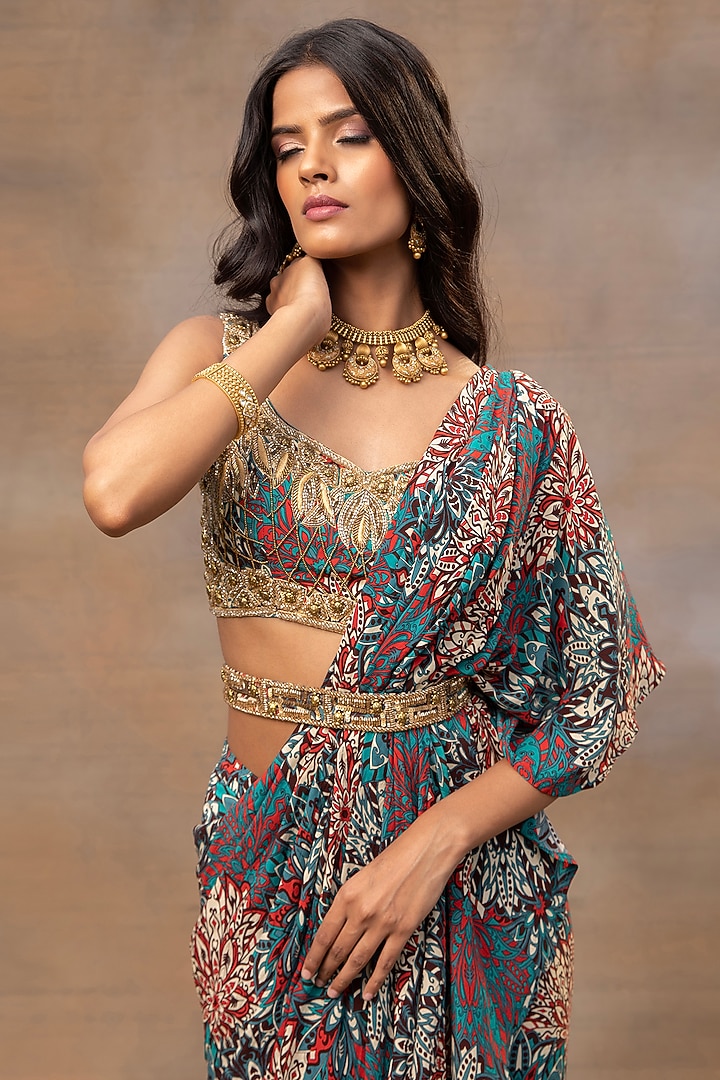 Green Crepe Printed Ruffled Wedding Saree Set by Mehak Murpana at Pernia's Pop Up Shop