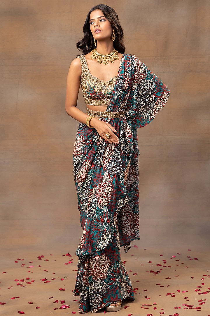 Green Crepe Printed Ruffled Wedding Saree Set by Mehak Murpana at Pernia's Pop Up Shop