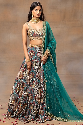 Green Crepe Floral Printed Lehenga Set by Mehak Murpana