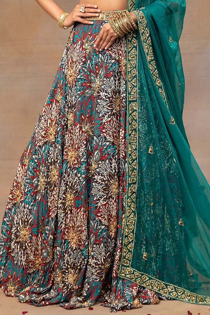 Green Crepe Floral Printed Wedding Lehenga Set by Mehak Murpana at Pernia's Pop Up Shop