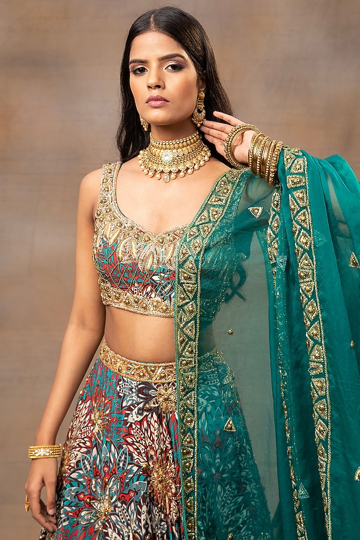 Green Crepe Floral Printed Wedding Lehenga Set by Mehak Murpana at Pernia's Pop Up Shop