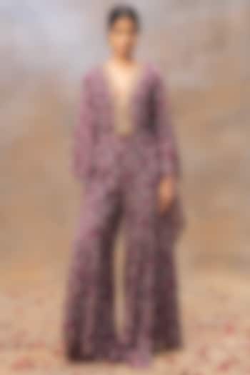 Purple Crepe Printed & Embroidered Jumpsuit by Mehak Murpana at Pernia's Pop Up Shop