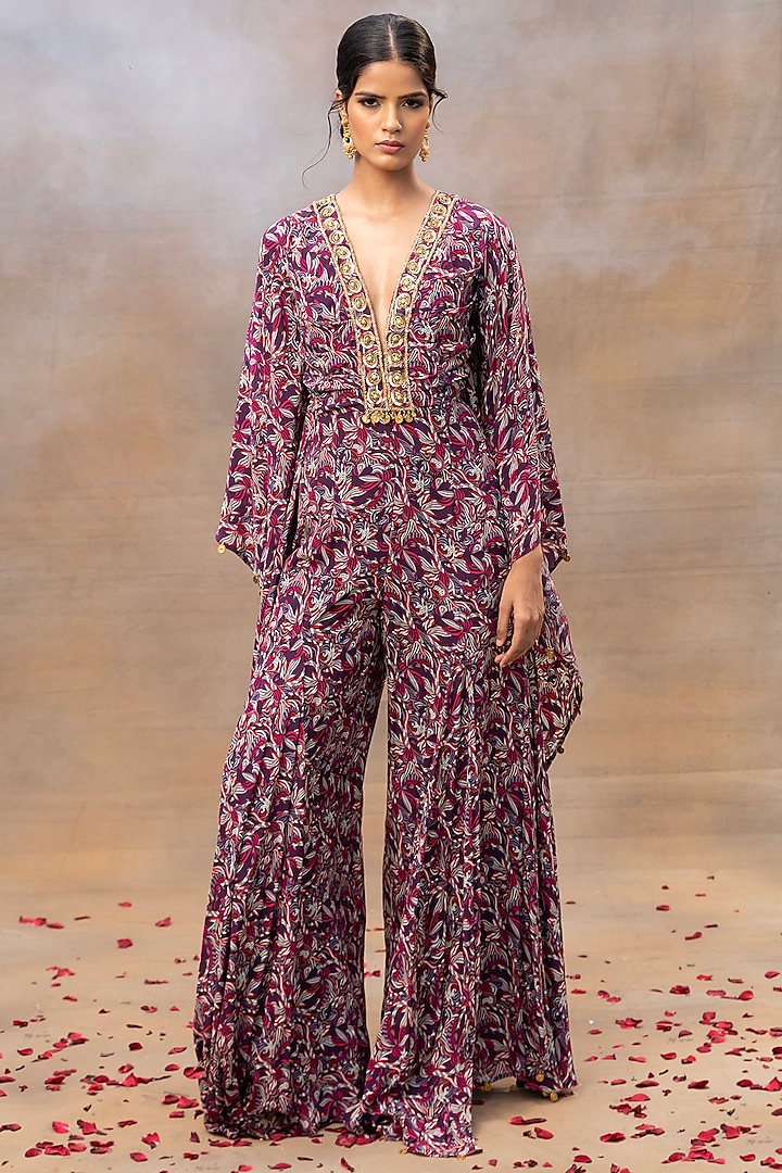 Purple Crepe Printed & Embroidered Jumpsuit by Mehak Murpana at Pernia's Pop Up Shop