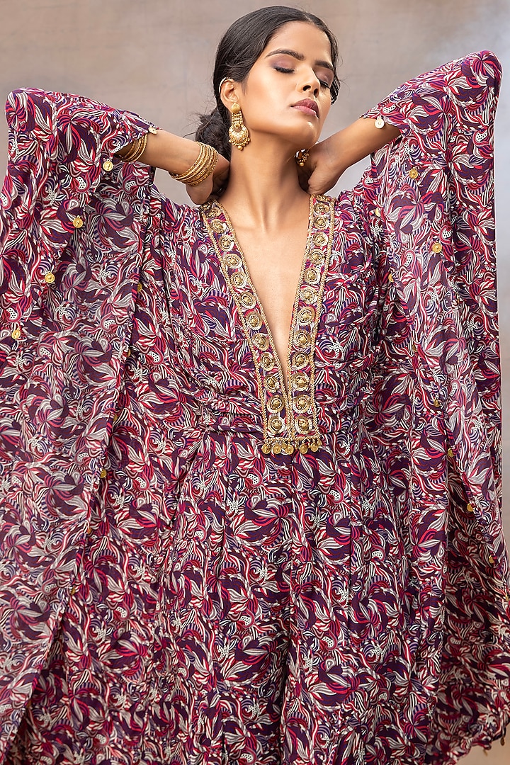Purple Crepe Printed & Embroidered Jumpsuit by Mehak Murpana at Pernia's Pop Up Shop