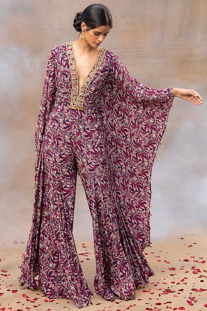 Purple Crepe Printed & Embroidered Jumpsuit by Mehak Murpana at Pernia's Pop Up Shop