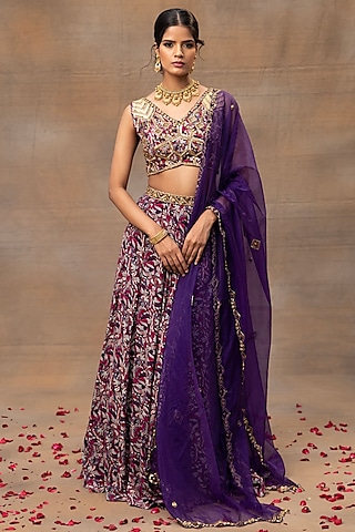 Purple Crepe Printed Lehenga Set by Mehak Murpana