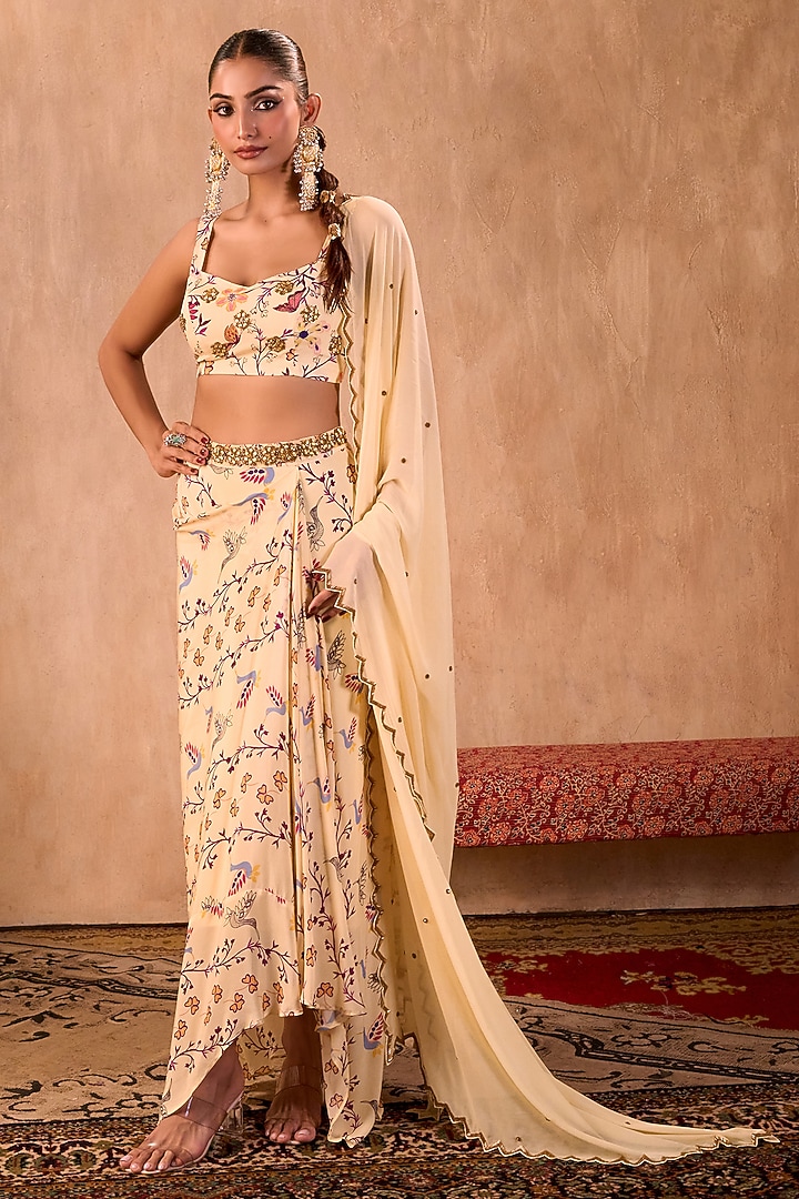 Ivory Crepe Floral Printed Draped Skirt Set by Mehak Murpana at Pernia's Pop Up Shop