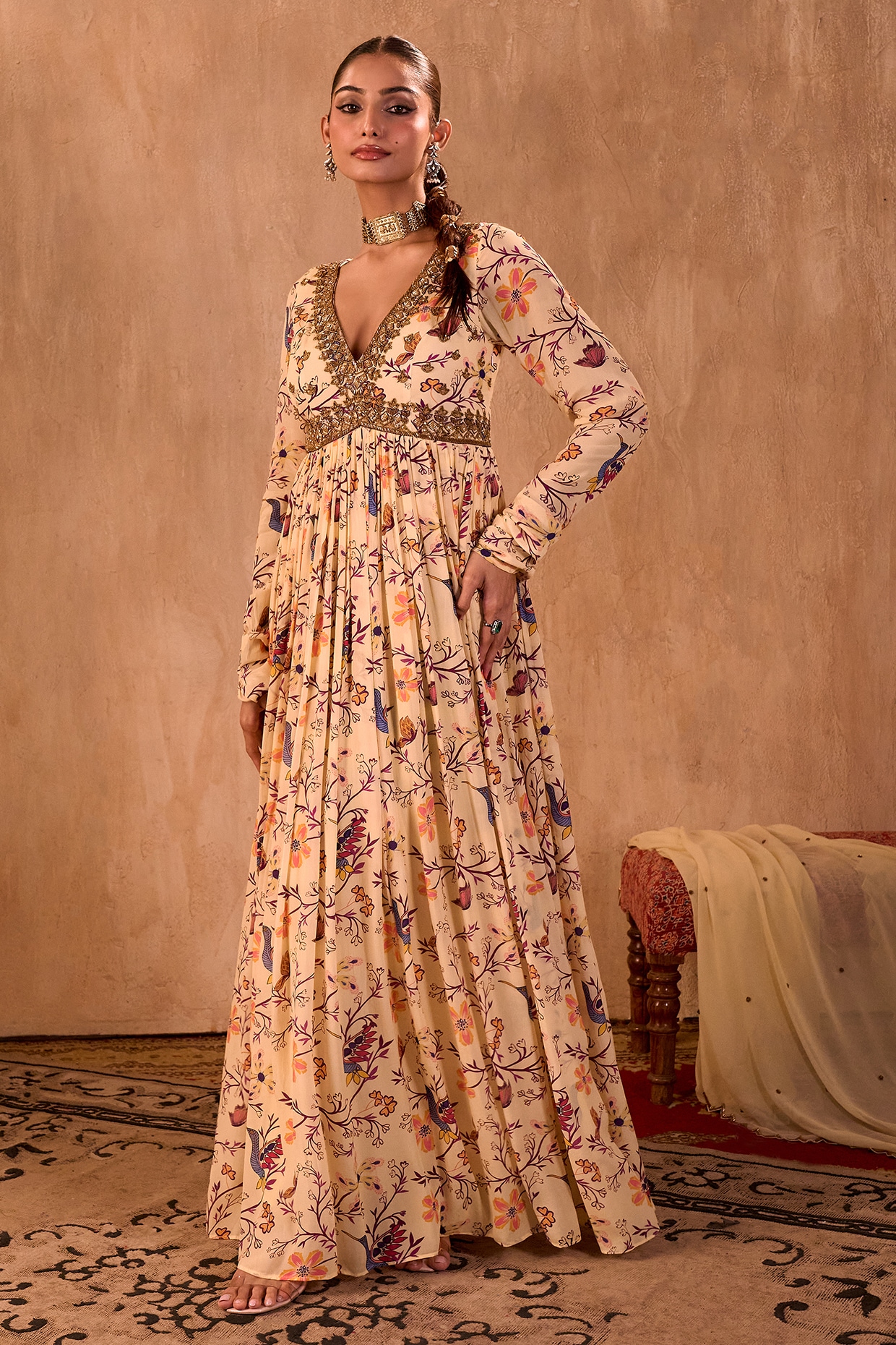 Mehak Murpana Ivory Crepe Floral Printed Anarkali Set
