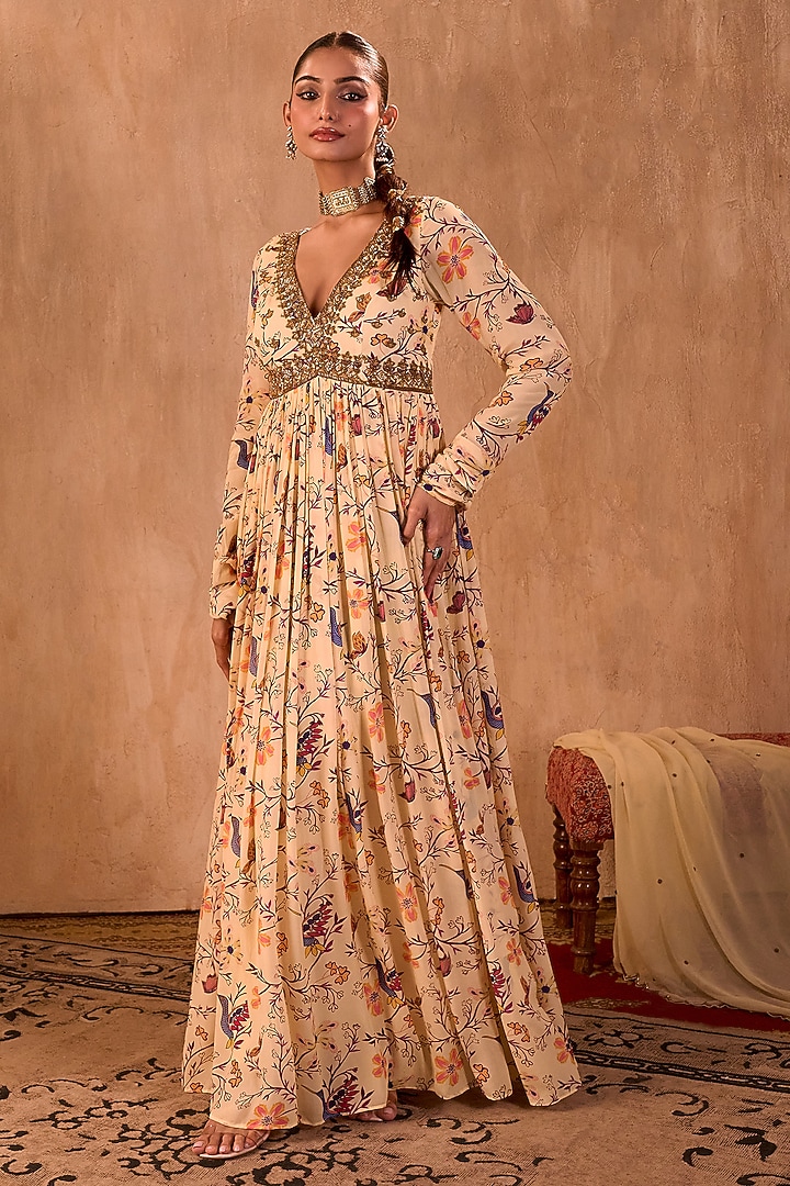 Ivory Crepe Floral Printed Party Wear Anarkali Set by Mehak Murpana at Pernia's Pop Up Shop