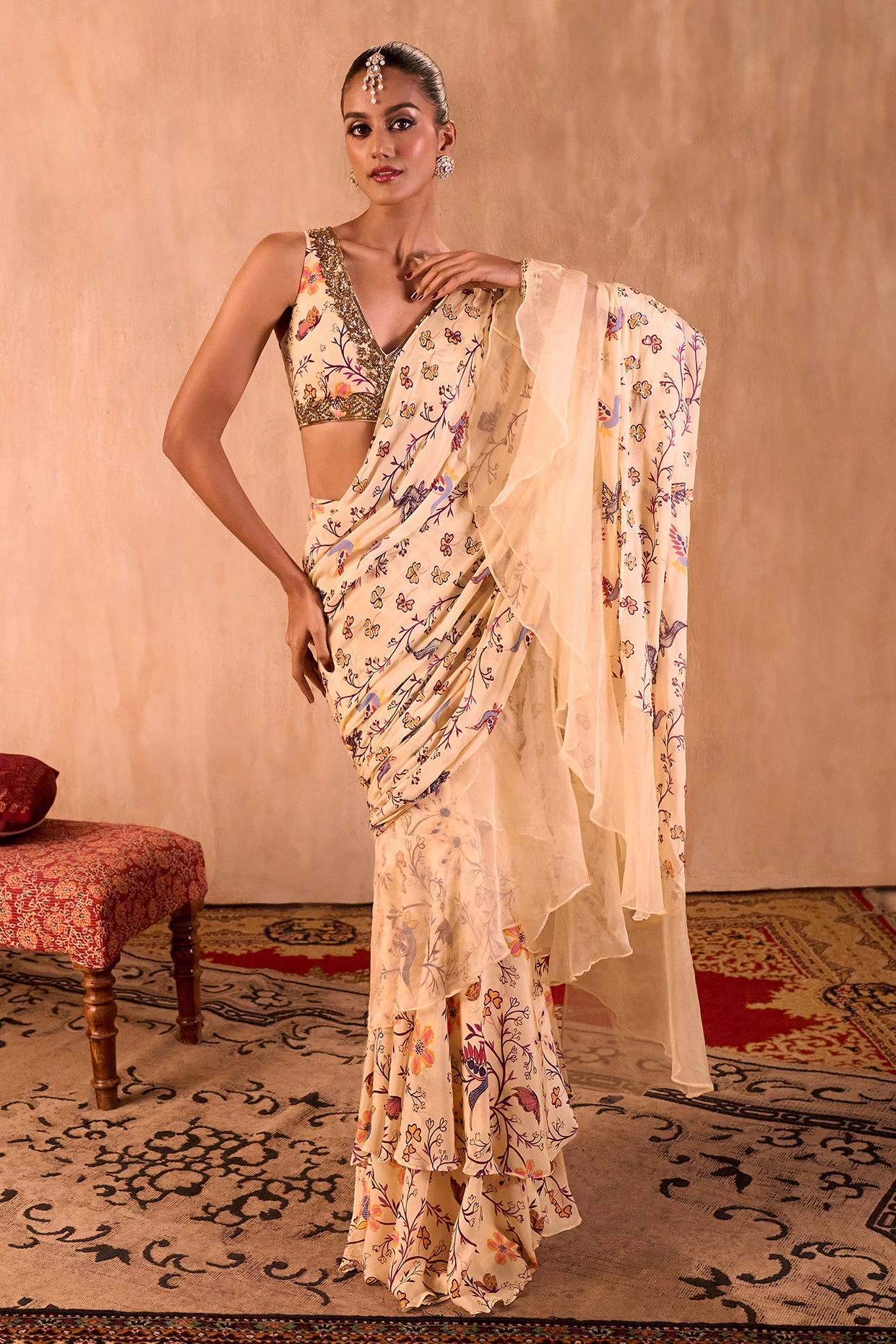 Mehak Murpana Ivory Crepe Floral Printed Pre-Draped Ruffled Saree Set