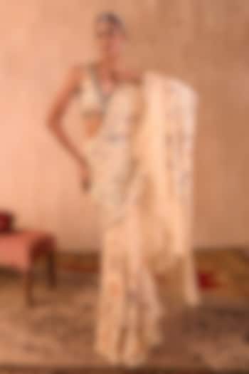 Ivory Crepe Floral Printed Pre-Draped Ruffled Wedding Saree Set by Mehak Murpana at Pernia's Pop Up Shop