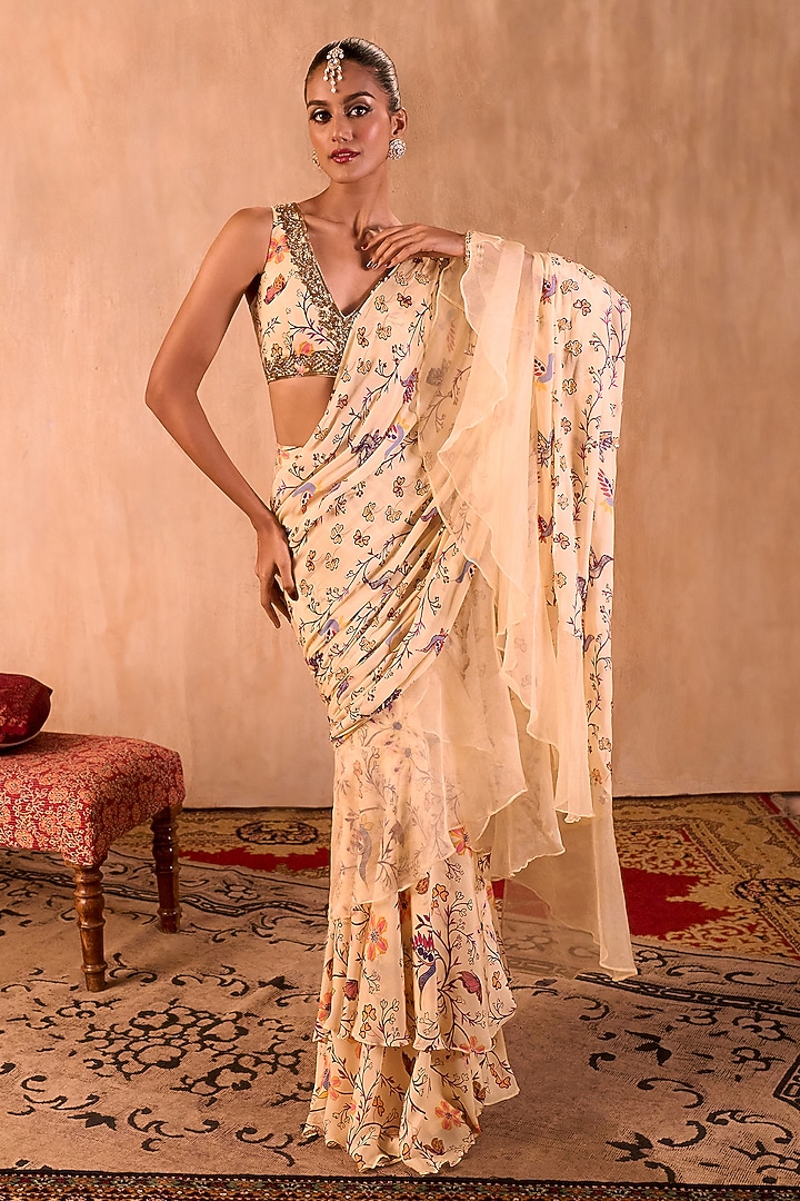 Ivory Crepe Floral Printed Pre-Draped Ruffled Wedding Saree Set by Mehak Murpana at Pernia's Pop Up Shop