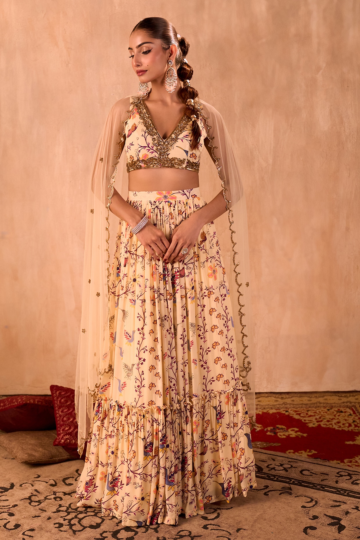 Mehak Murpana Ivory Crepe Floral Printed Layered Lehenga Set