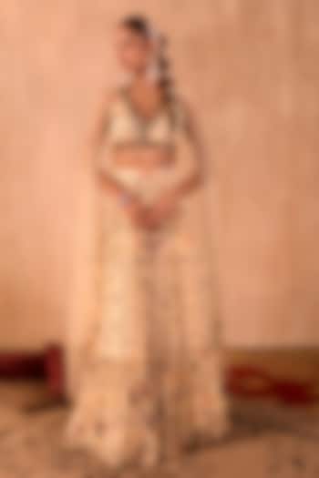 Ivory Crepe Floral Printed Layered Wedding Lehenga Set by Mehak Murpana at Pernia's Pop Up Shop