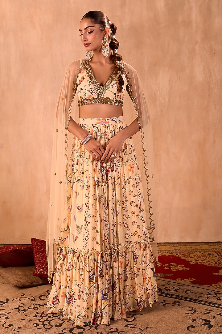 Ivory Crepe Floral Printed Layered Wedding Lehenga Set by Mehak Murpana at Pernia's Pop Up Shop