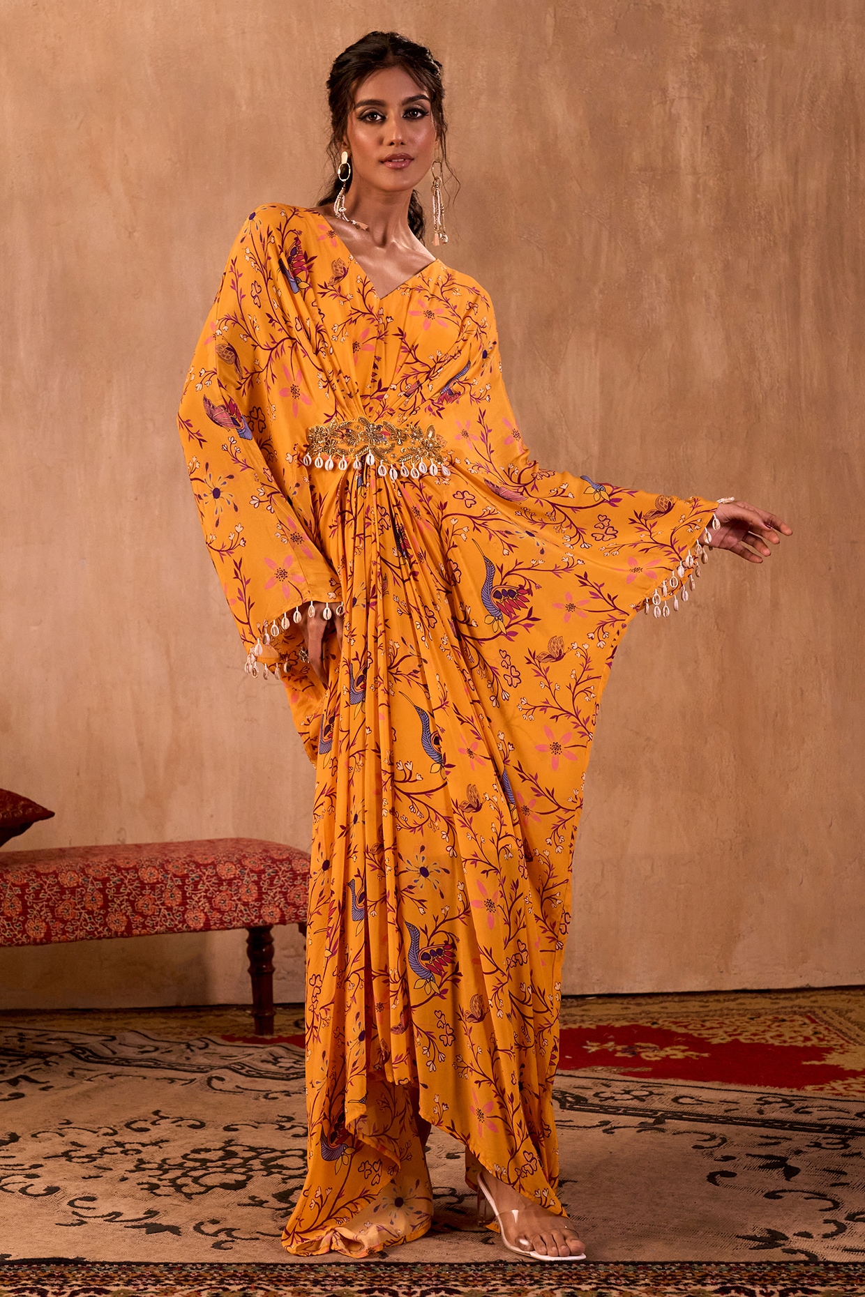 Mehak Murpana Yellow Crepe Floral Printed Draped Kaftan