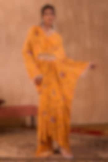 Yellow Crepe Floral Printed Draped Kaftan by Mehak Murpana at Pernia's Pop Up Shop
