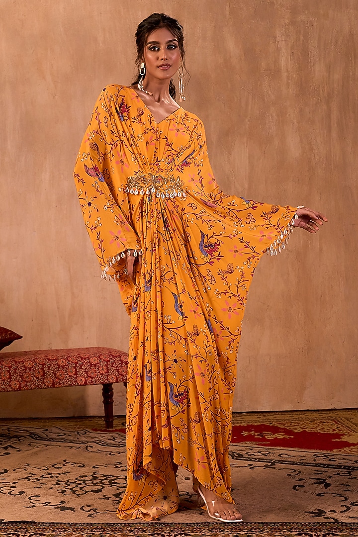 Yellow Crepe Floral Printed Draped Kaftan by Mehak Murpana at Pernia's Pop Up Shop